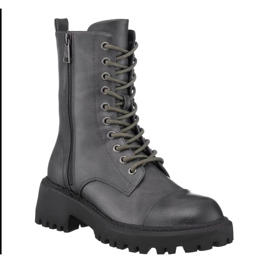 GC Shoes 6 Mckay Faux Leather Combat Lace-up Boots Gray Chunky platform